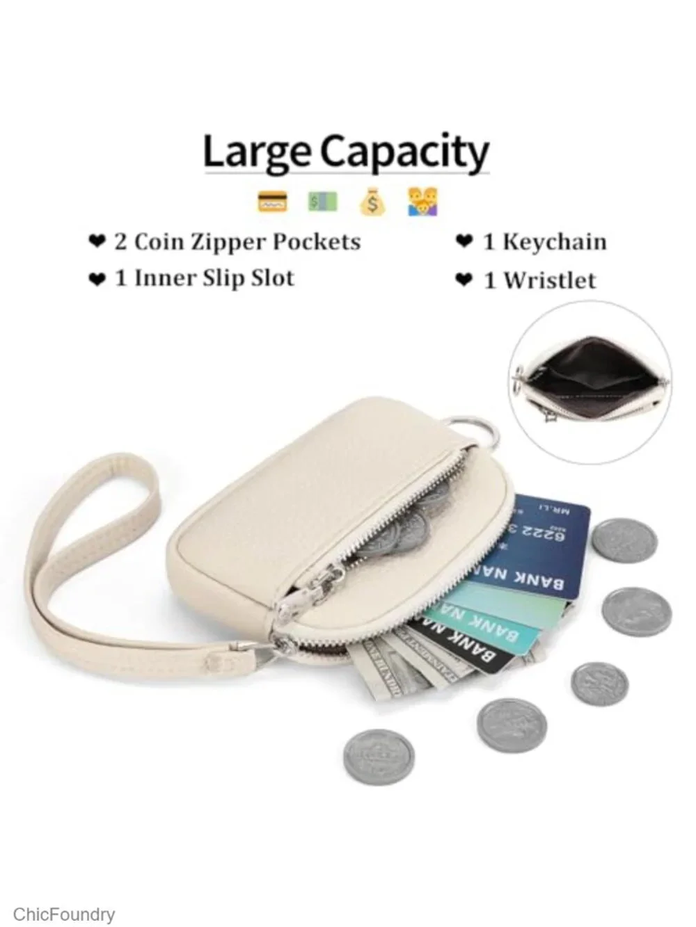 Vegan Leather Coin Purse Small Wristlet Wallet with Hidden Keychain and 2